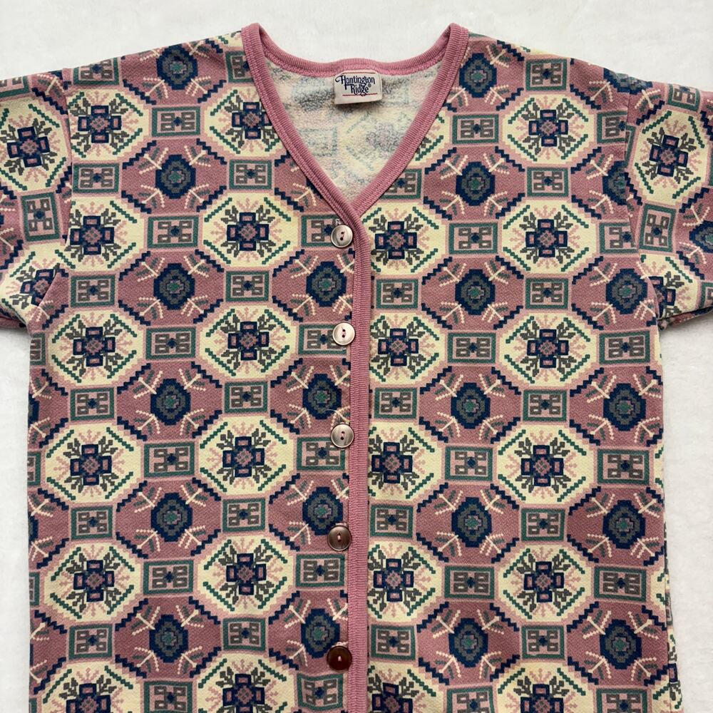 Vintage 90s Pink Green Tribal Western Fleece Sweatshirt Button Up Cardigan  L